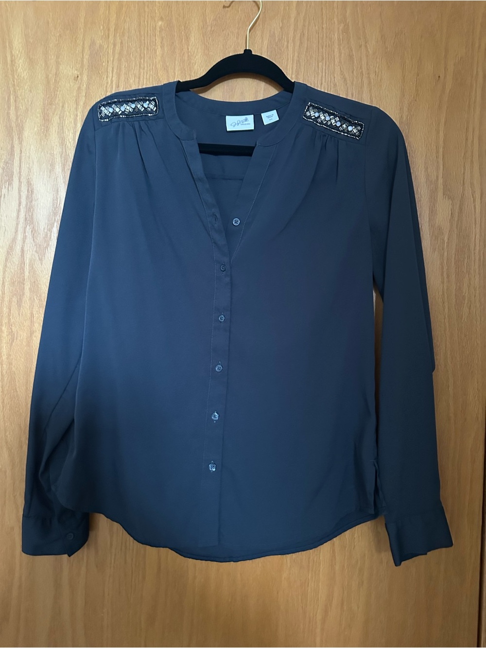 Midnight Blue Beaded-Shoulder Button-Down Blouse